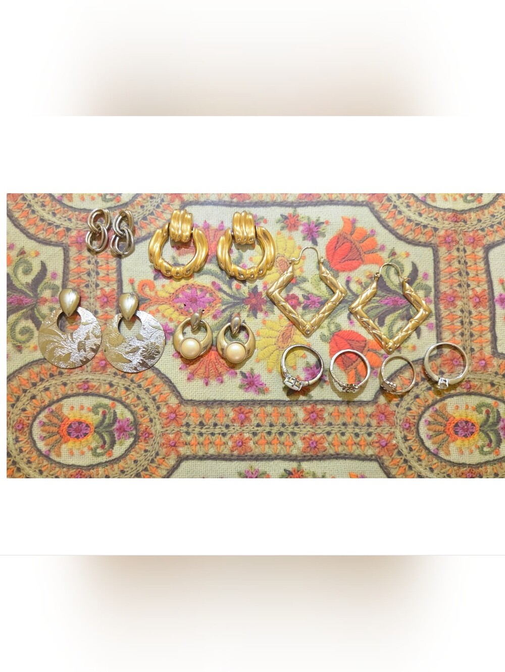 Vintage Costume Jewelry Lot 9 Pc Gold Tone Statement Earrings Opal Rings